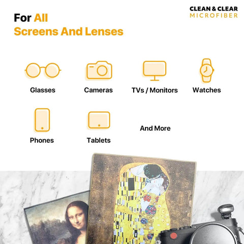 Premium Microfiber Cleaning Cloths 5 Pack for Lenses Glasses Screens 8x8 Inches shown with photos and camera