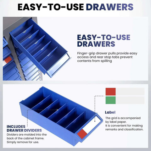Close-up view of easy-to-use drawers with dividers and labels in a 75 Drawer Parts Cabinet for Garage and Workshop.