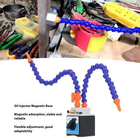 Adjustable Magnetic Coolant Pipe Holder with 60mm base and G1/4 to G1/2 hose fittings shown in workshop setting with tools.