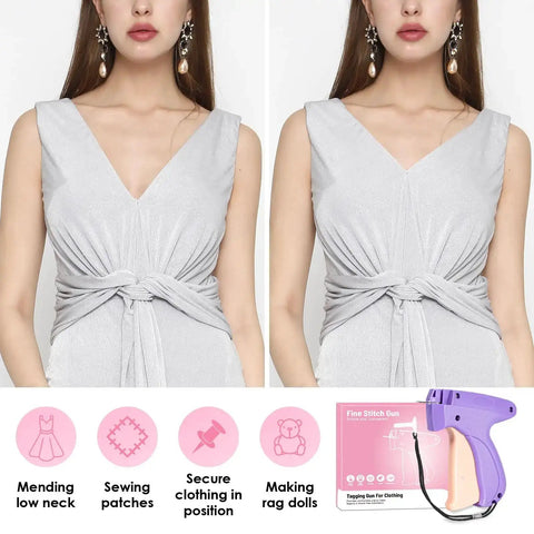 Quick Fix Gun For Clothes And Tagging Tool For Retail Repairs with kit, demonstrating fabric fixes and sewing applications.
