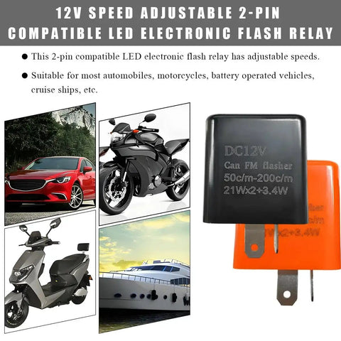 Image of 12V Adjustable LED Flasher Relay for Cars and Motorcycles with vehicles in the background.