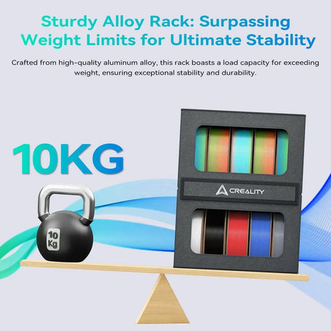 Dual Tier Filament Storage Box For 3D Printers With Magnetic Closure displayed on a wooden balance with 10kg weight, holding colored filaments.