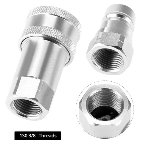 Hydraulic quick-connect couplers, set of 2, 3/8 in NPT and 3/8 in ISO, hardened steel with dust caps