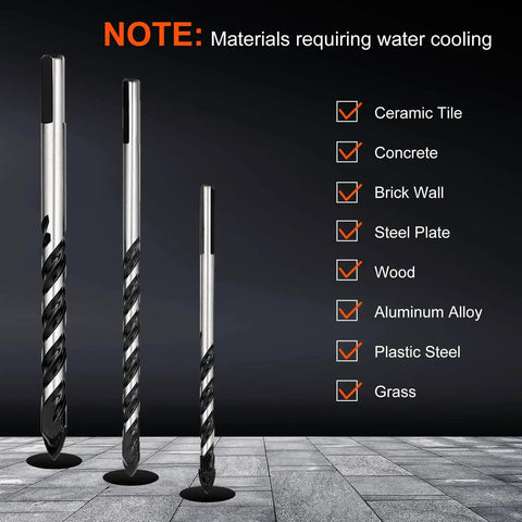Professional Masonry Drill Bit Set For Concrete And Masonry, 10 Piece Carbide Bits displayed against material compatibility chart