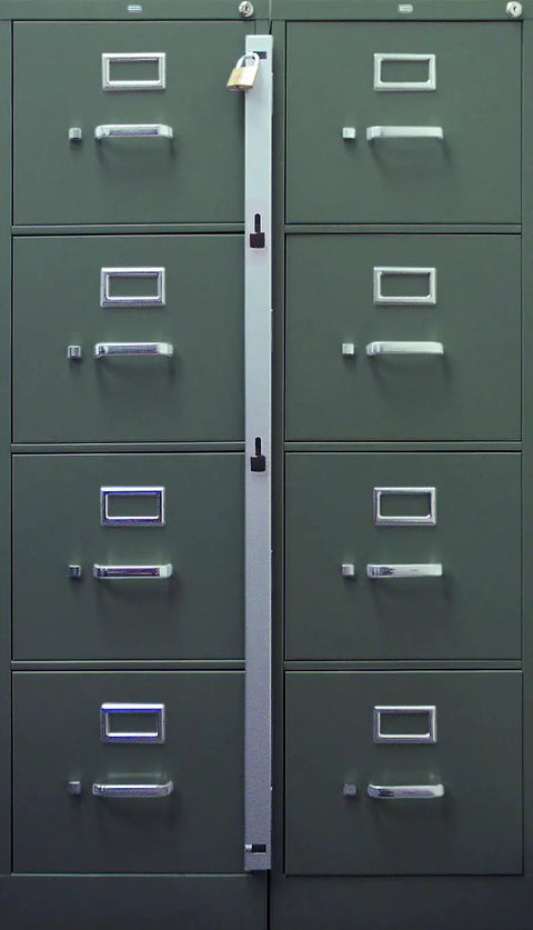 Two Drawer Filing Cabinet File Bar In Gray, 22.5 Inch Length, installed on green cabinets for secure locking, drill bit not included
