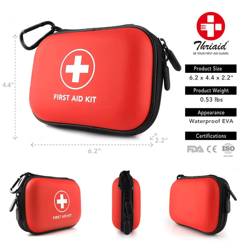 Travel Ready 100-Piece First Aid Kit In A Water-Resistant Hard Shell Case, red, 6.2 x 4.4 x 2.2 inches, shown from multiple angles