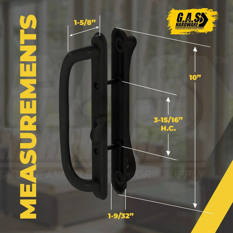 Side view of 10 Inch Olympus Sliding Patio Glass Door Offset Pull Handle Set Replacement Non Keyed Black Finish showing measurements.