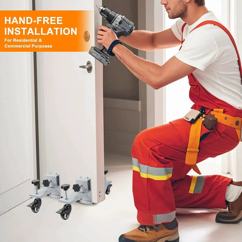 Heavy Duty Door Lifter Dolly Twin Pack For Doors From One And Three Eighths Inches To Two And One Half Inches Prehung Slab Front Steel Doors Installation Tools For Commercial And Residential Use in use for door installation