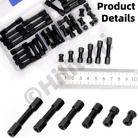 48 Piece Hex Aluminum Standoff Spacer Kit In 6 Sizes M3 Black Hex Columns for drones and DIY builds shown with ruler for scale