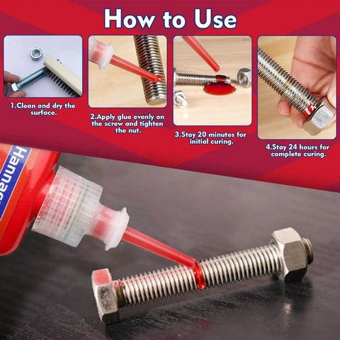 Application steps for High Strength Red Thread Locker 271 on nuts and bolts to prevent loosening and leaking, 50 ml two pack
