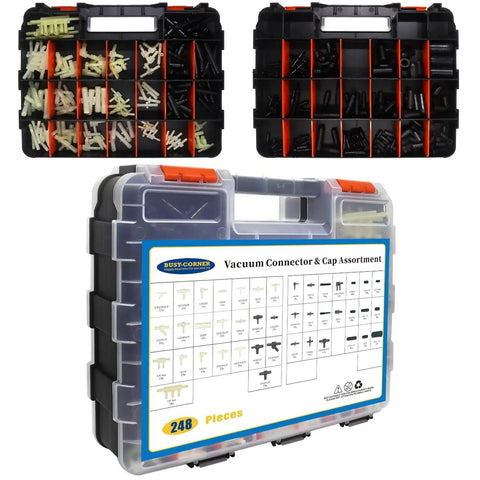 Ultimate Garage Must Have 248 Piece Automotive Vacuum Tubing Connector And Cap Assortment Kit with 34 tubing connectors and organizer
