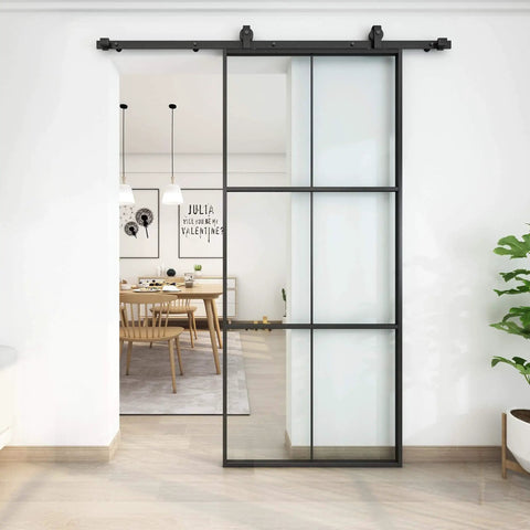 36 Inch By 84 Inch Glass Sliding Barn Door With Black Aluminum Frame And Clear Tempered Glass, 3 Panel Modern French Style