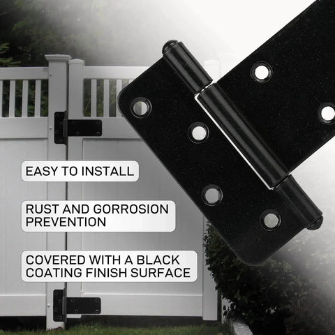 6 Inch Heavy Duty Gate Hinges 280 Lbs Capacity Black 4 Pack With Screws Included on white outdoor gate close-up
