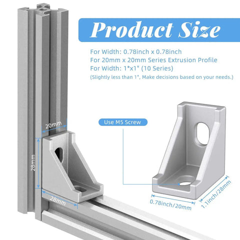 50 Piece Aluminum Profile Connector Kit For 6mm Slot Extrusions White Corner Brackets With 100 M5 T Nuts And 100 M5 X 8mm Hex Screws For DIY CNC Printer Frame And Robotics Build showing corner bracket dimensions.