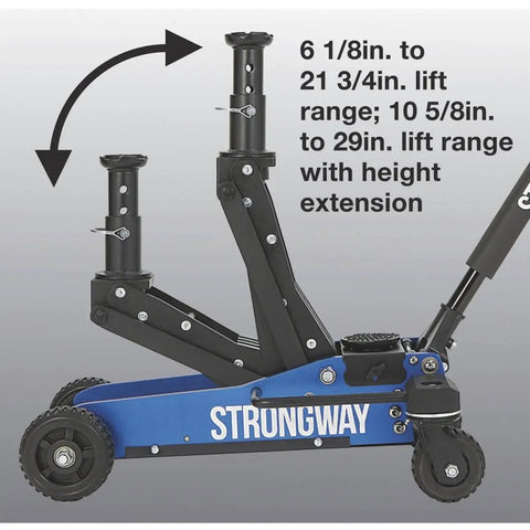 Side view of Beefy 3 Ton Aluminum Off-Road Jack for Trucks and SUVs with 29-Inch Lift and Steel Skid Plate showing lift range.