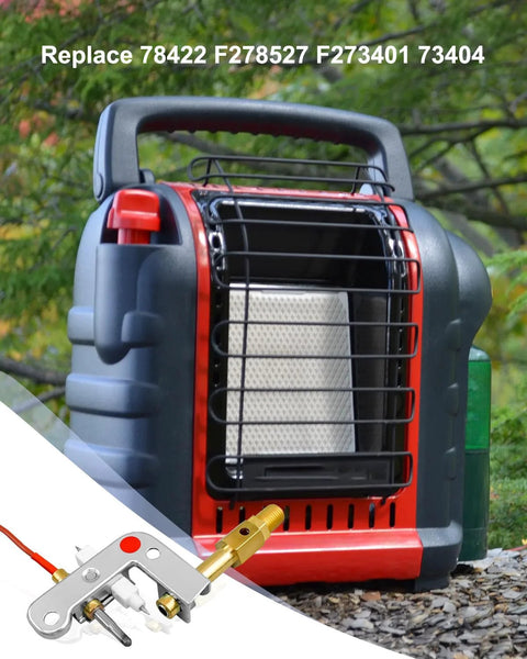 HUQUZN pilot assembly beside a red and black Mr. Heater propane heater, front view.