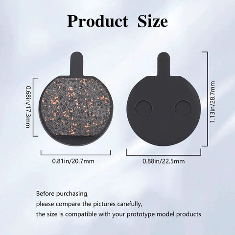 Round bicycle disc brake pad for Hayes Sole, black with copper speckled friction material, front/back view.