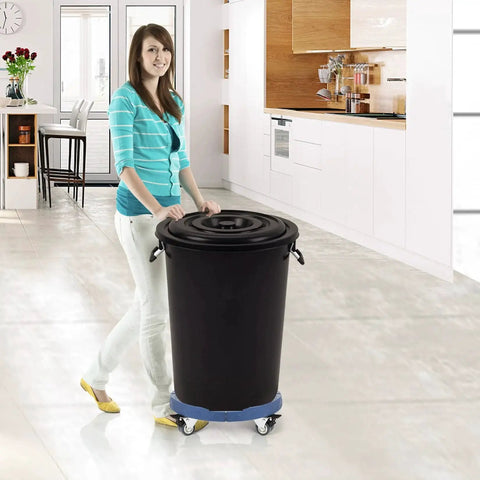 Woman using Round Trash Can Dolly With Wheels, Heavy Duty 440 Lb Capacity, Adjustable 15 To 19 Inch Diameter in a kitchen
