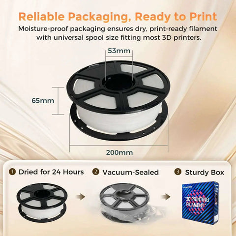 Matte White PLA Filament 1.75mm 1kg Spool For 3D Printing, Easy To Use On Most FDM Printers; packaging with dimensions and sealing info