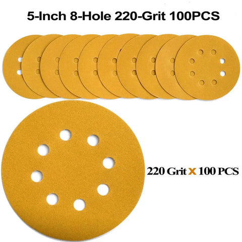 Set of 5-Inch 220 Grit Hook and Loop Sanding Discs 8-Hole Random Orbit 100 Pack with visible holes and grit texture.