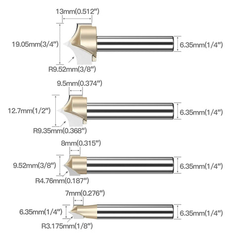 Four Piece Roundover Router Bit Set With One Quarter Inch Shank For CNC Woodworking And Carving, Dope Carbide Two Flute Roundover And Beading Bits In Diameters Three Quarter Inch, One Half Inch, Three Eighths Inch, And One Quarter Inch displayed with size measurements.