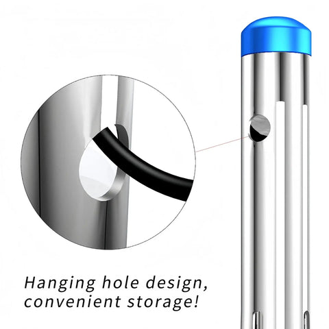 Close-up of silver Bottom Bracket Bearing Press Tool For 22 To 24 Mm Spindles with blue cap, showing hanging hole design for storage.