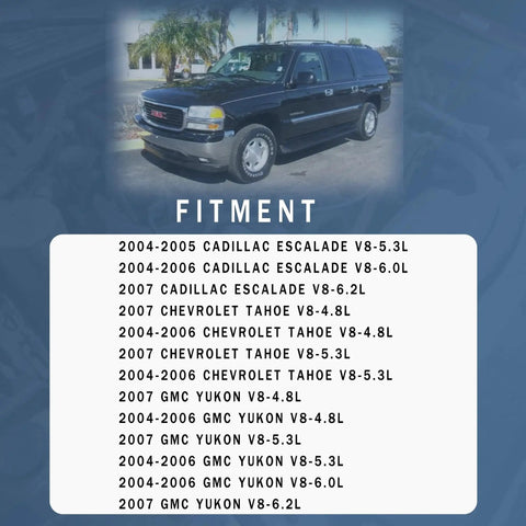 Image showing a GMC SUV with fitment list for Chevrolet Tahoe, GMC Yukon And Cadillac Escalade Fuel Pump Assembly with engines from 2004-2007
