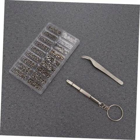 Miniature Screws Kit With 1000 Stainless Steel Screws For Glasses Watch Phone Eyeglass Repair Tool Set Includes Multiple Sizes And Lengths In Clear Box Handy Everyday Home Fixes And Quick Replacement Parts showcasing clear box, tweezers, and screwdriver