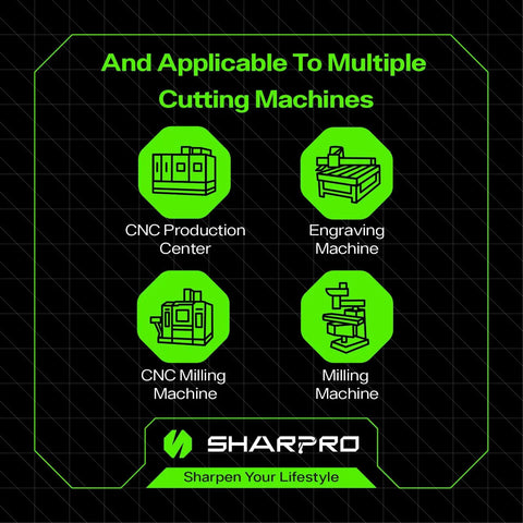 Infographic showing four types of cutting machines: CNC Production Center, Engraving Machine, CNC Milling Machine, Milling Machine
