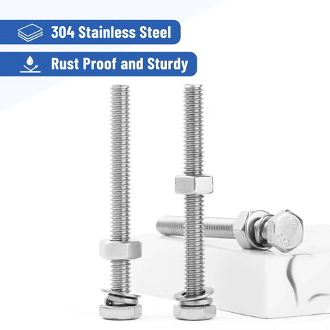 Nuts And Bolts Set 1/4-20 By 2-1/2 Inch Stainless Steel With Hex Nuts And Flat And Lock Washers, 10 Complete Sets, close-up view