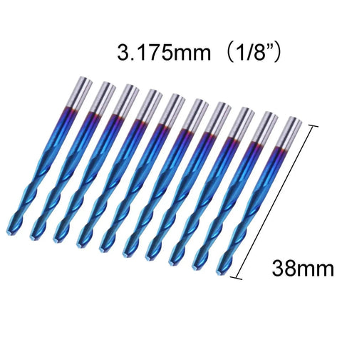 Ultra Sharp 10 Piece Nano Blue Coat Flat Nose End Mill Set For CNC Router Bits One Eighth Inch Shank Upcut Two Flute