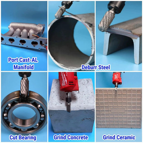 Collage of applications for Carbide Burr Set With One Quarter Inch Shank And Half Inch Dome End Cylinder Head For Die Grinders.