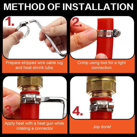 Amazon 304 stainless steel worm gear clamps kit, 1/4–2 in, 10 ft strap, installation steps diagram.