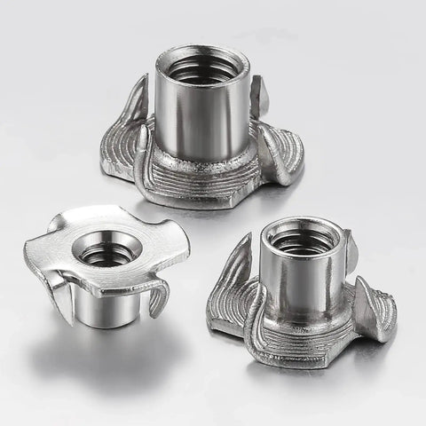 304 Stainless T Nut 100 Pack Four Jaw Quarter Inch 20 Thread For Home Outdoor, showing three polished four-prong nuts for wood projects.