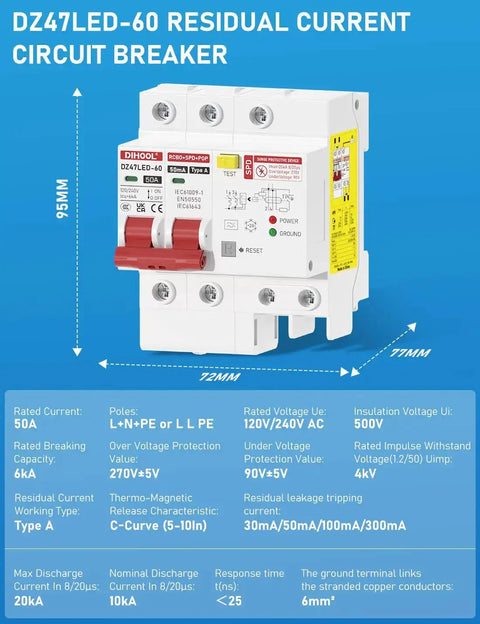 50 Amp GFCI Breaker For Hot Tub Disconnect 240V With Panel Surge Protector and LED Status Light Plus Built In Test Button front view