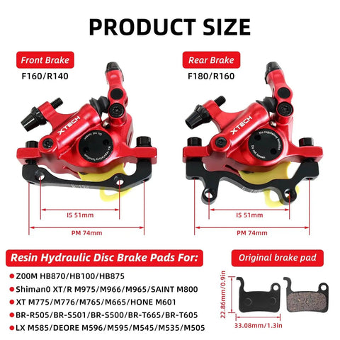 X-TECH hydraulic disc brake caliper set, front and rear, red aluminum alloy for MTB bikes