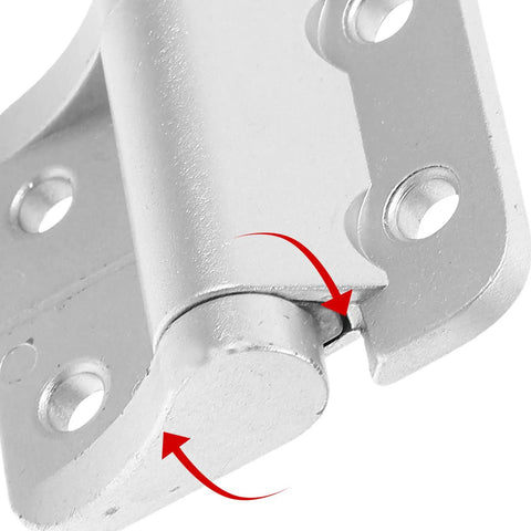Close-up of a Torque Cabinet Hinge For Kitchen And Home Cabinets, Silver Zinc Alloy Small Size With Adjustable Angle.