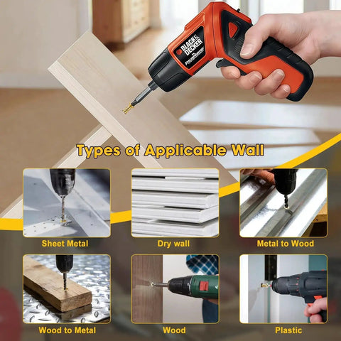 Hand using electric screwdriver on wood with types of walls for 1200-Piece Self Tapping Screws Set For Plastic And Metal In M2 M2.5 M3.