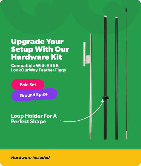 Now Leasing Real Estate Feather Flag Pole Kit 5 Foot Tall Marketing Flags with poles and ground spike hardware featured on a green background