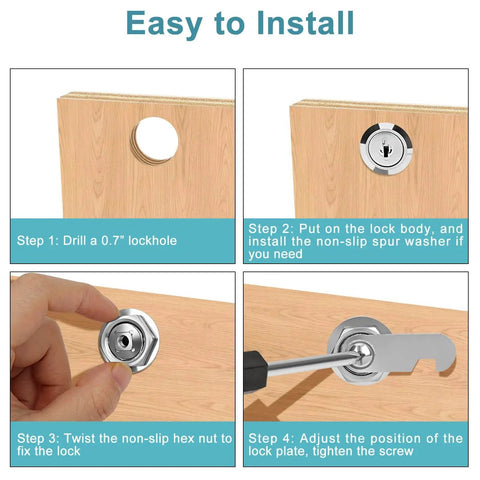 Installation steps for 3/4 Inch Cam Lock Set Keyed Alike for Cabinets and Drawers with durable zinc alloy construction.