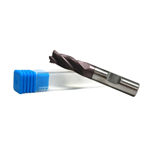 Roughing End Mill For Steel Precision Metal Cutting With Half Inch Diameter Shank And One And Quarter Inch Blade Length Four Flute M42 Eight Percent Cobalt TiAlN Coated Cutter HFS displayed with protective case