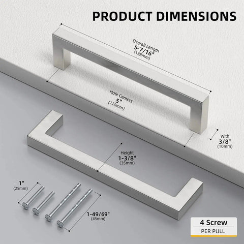 Diagram showing dimensions of 30 Pack 5 Inch Brushed Nickel Cabinet Pulls Square Drawer Handles for Kitchen Cabinets Cupboards and Dressers