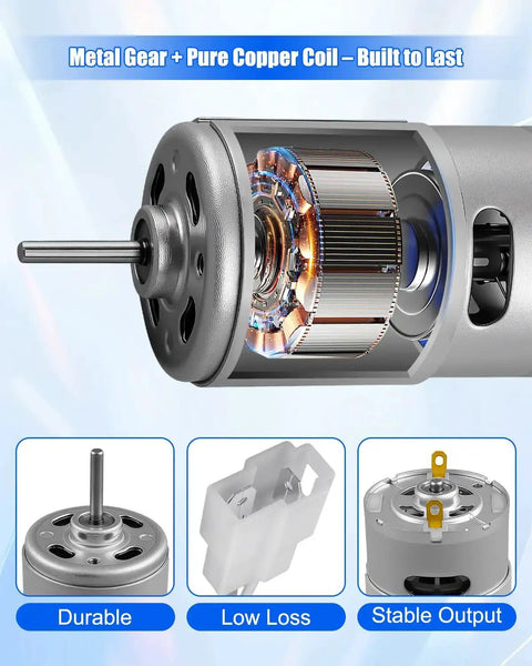 Cutaway view of 12V RS550 motor showcasing metal gear, pure copper coil, and three gear heads for ride-on kids cars, boosting speed and torque.