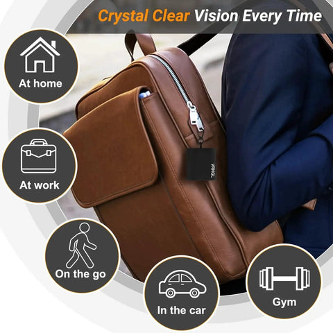 Two Sided Glasses Cleaning Polishing Cloths With Pouch Keychain 4 Pack 6 Inch attached to brown bag, lifestyle icons displayed