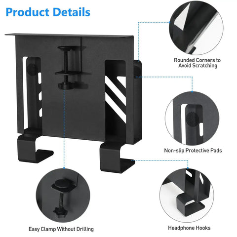 Close up of Under Desk Laptop Mount And Side Hanging File Organizer showing no-drill clamp, rounded corners, and protective pads