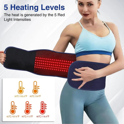 Woman wearing Cordless Back Massager Belt With Red Light Therapy for Pain Relief, showing heating levels and red light