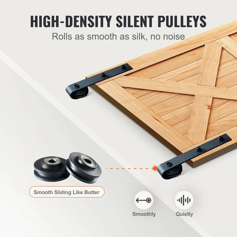 Eight Foot Sliding Barn Door Hardware Kit With 330 Lbs Capacity, showing silent pulleys and a partially installed wooden door.