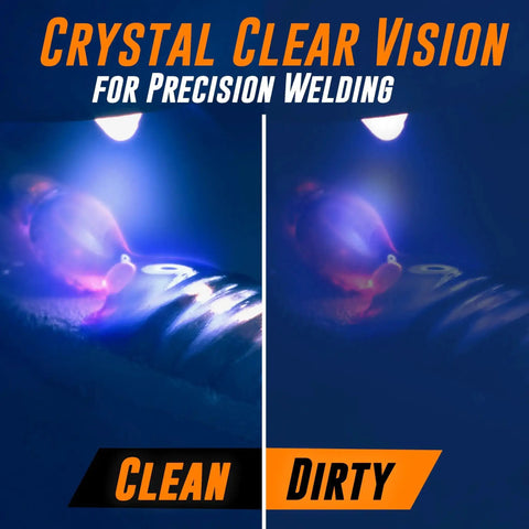 Premium 0.04 Inch Clear Welding Lens 2x4.25 For Welding Helmets Replacement Lens showing comparison of clean vs dirty vision