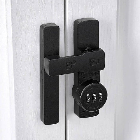 Matte Black 180 Degree Mechanical Password Lock, 3 Digit Keyless Flip Latch for barn doors, zinc alloy on white door