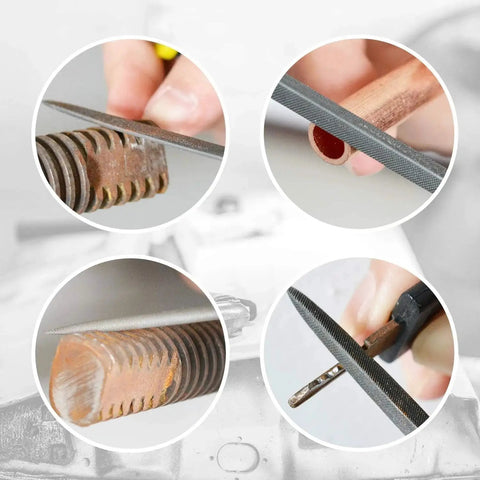 Close-up of Deburring Tool Set for 3D Printing and Plastic Models with 18 Piece Blade Pack in use on metal and wood surfaces